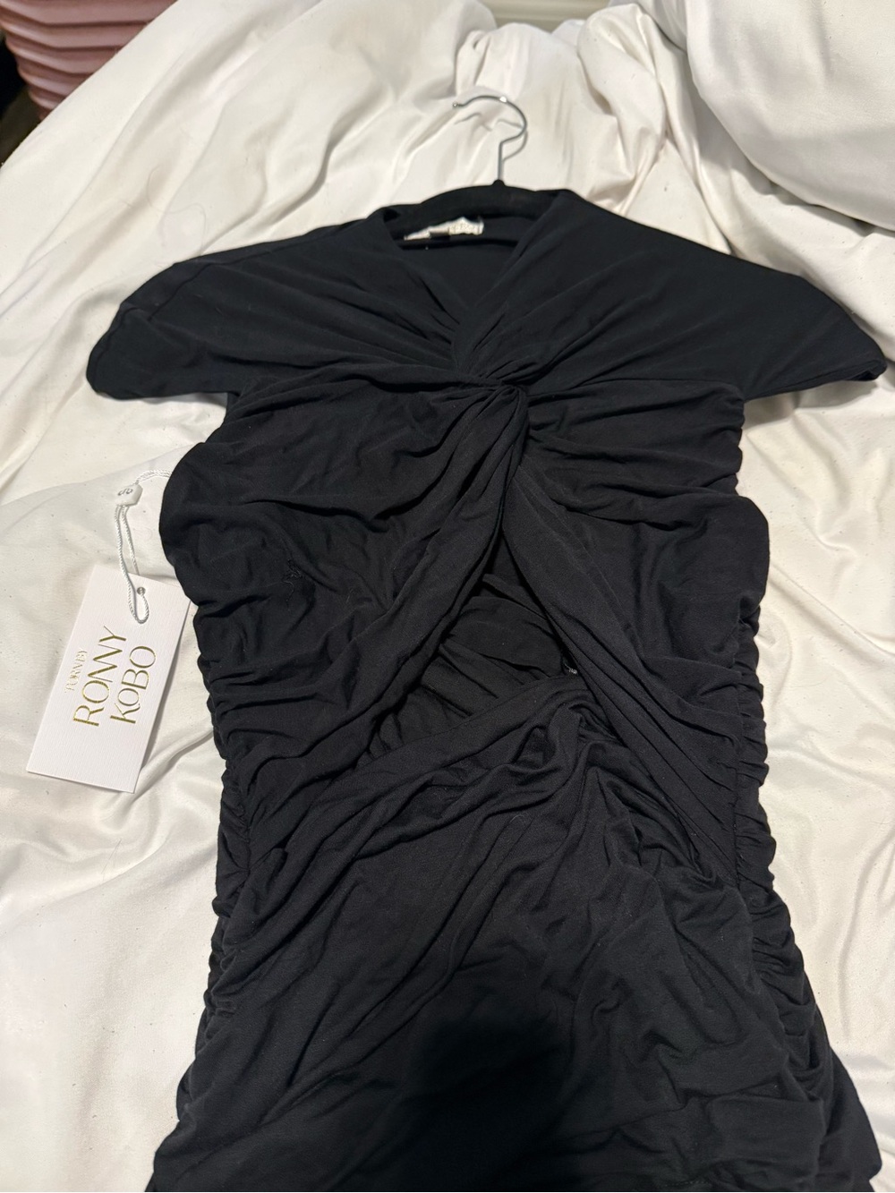 Ronny Kobo Collection Black Twist-Front Ruched Dress